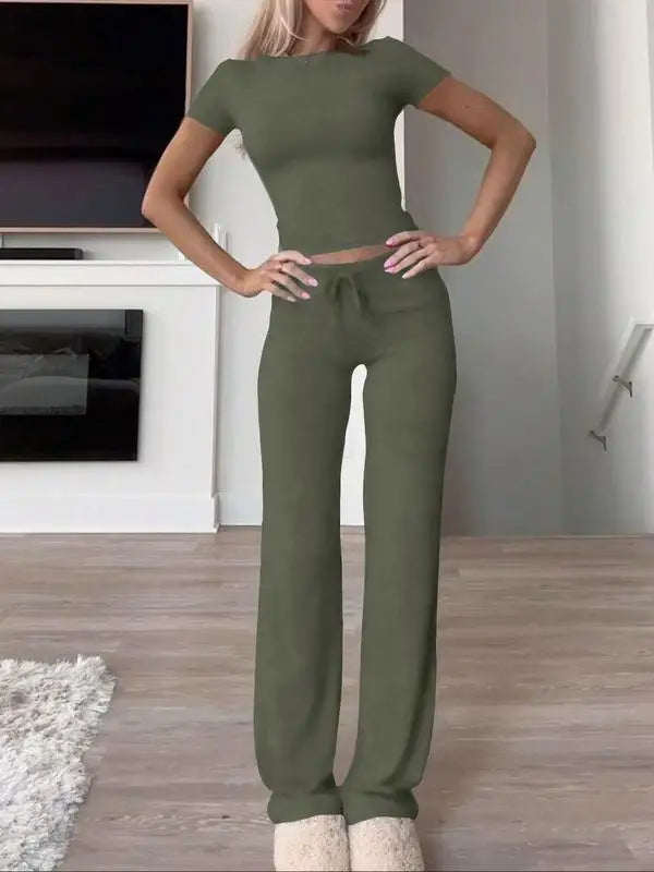 Women's Casual Lounge Set - Short Sleeve Top & Pants Two Piece, Home Wear Yoga Outfit