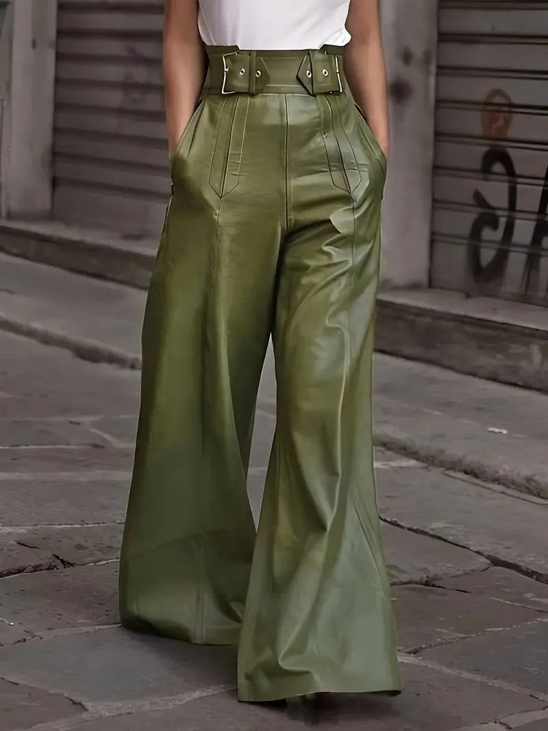 Flared Leg Pants For Women High-waist Bell Bottoms Faux Leather Trousers Elegant High Waist Pockets Casual Bottoms For Work
