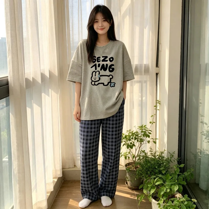 Women Print Loungewear Set, Short Sleeve Graphic T-Shirt and Plaid Wide Leg Pants, Casual Home Wear