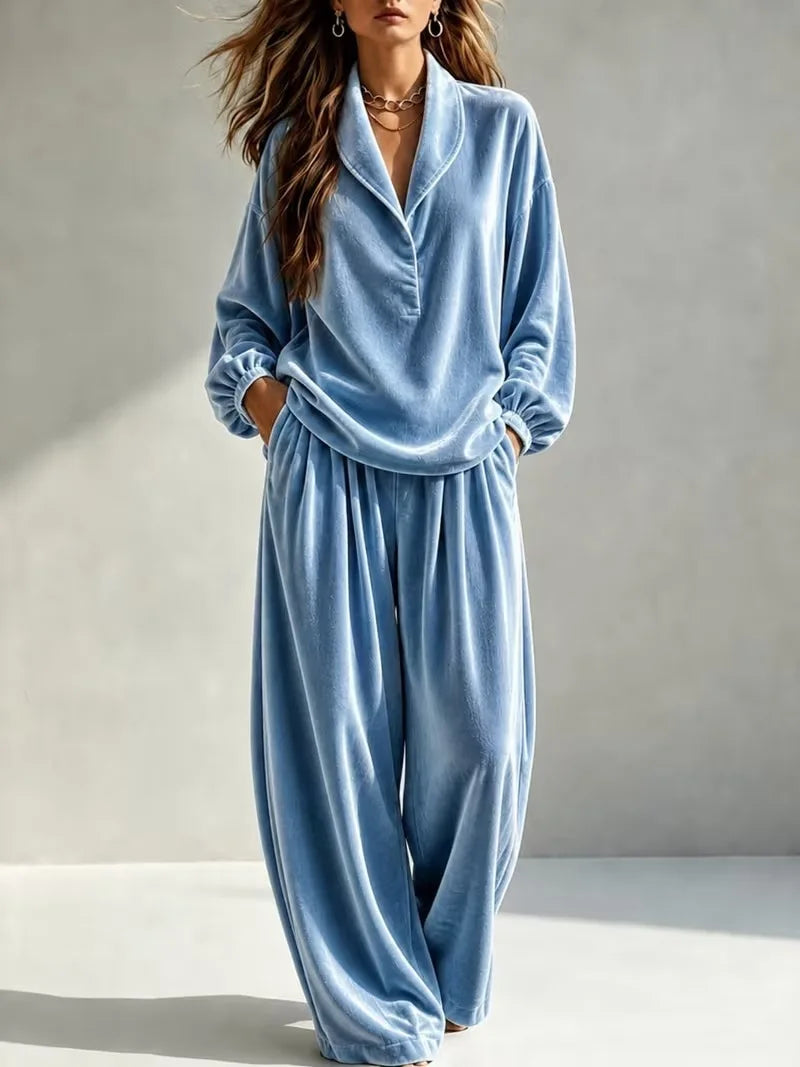 MsChuh Women's Matching Sets Velvet Lapel Two Piece Outfit Long Sleeve Top Wide Leg Pants Ropa Mujer Casual Daily Lounge Outfits