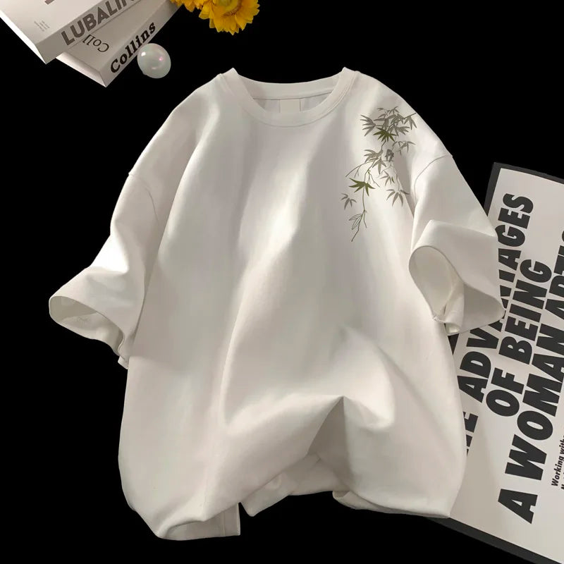 Men's Oversized T-shirts White Cotton T Shirt 5XL for Men Casual Summer Wear Fashion Leaf Print Tee Shirts Men Clothing