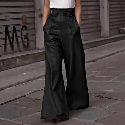 Flared Leg Pants For Women High-waist Bell Bottoms Faux Leather Trousers Elegant High Waist Pockets Casual Bottoms For Work