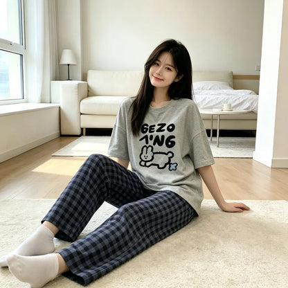Women Print Loungewear Set, Short Sleeve Graphic T-Shirt and Plaid Wide Leg Pants, Casual Home Wear