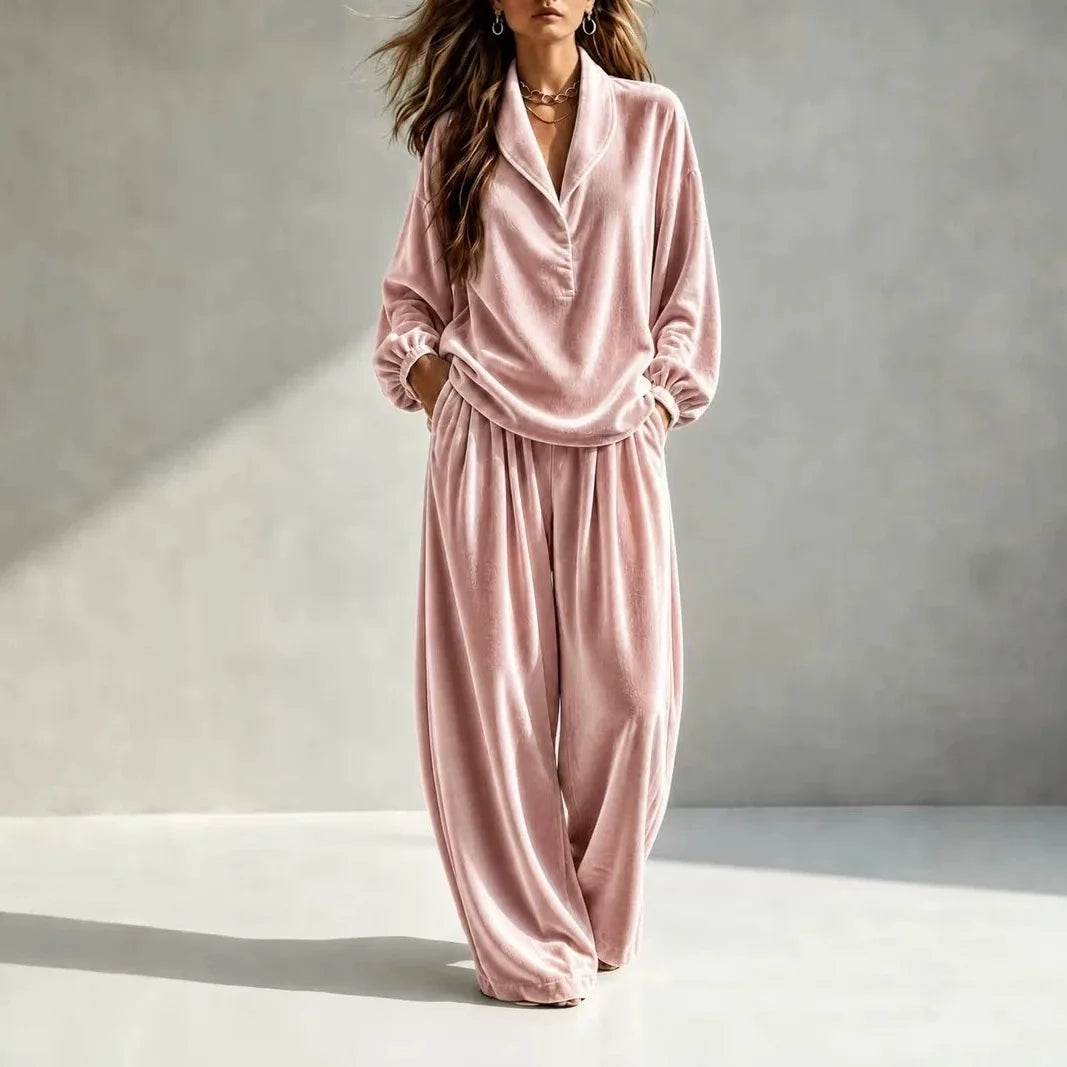 MsChuh Women's Matching Sets Velvet Lapel Two Piece Outfit Long Sleeve Top Wide Leg Pants Ropa Mujer Casual Daily Lounge Outfits