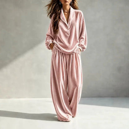 MsChuh Women's Matching Sets Velvet Lapel Two Piece Outfit Long Sleeve Top Wide Leg Pants Ropa Mujer Casual Daily Lounge Outfits