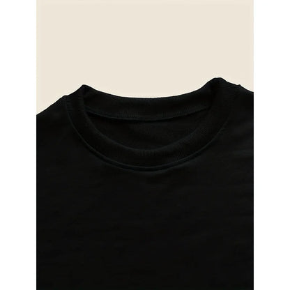 [ T-Shirt]  Oversized Long-Sleeve T-Shirt for Women - Black with White Heart Design - Relaxed Round Neckline - Moderate Stretch