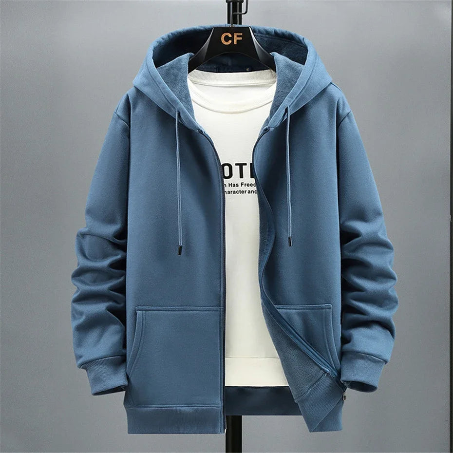 Fleece Hoodies Men 10XL 12XL Plus Size Solid Color Zippered Hoodie Jacket Big Size 12XL Fashion Casual Hoodies Blue Black Grey