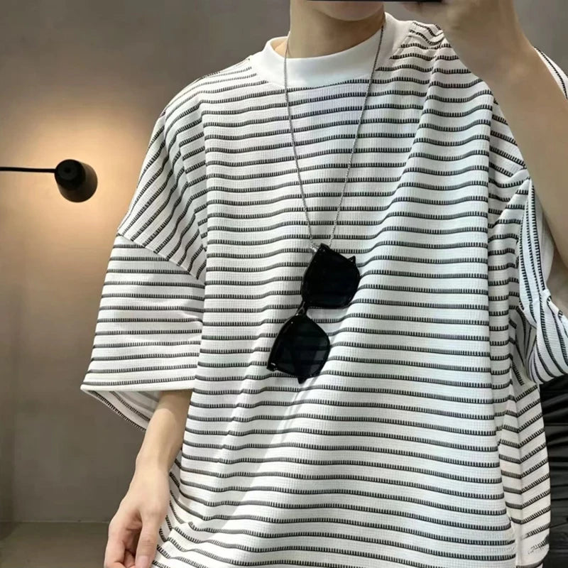 Oversized Striped T-shirt Men Summer Loose Casual Wind Breathable Half Sleeves Tee Tops Man Korean Fashion Streetwear Shirts Men