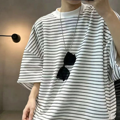 Oversized Striped T-shirt Men Summer Loose Casual Wind Breathable Half Sleeves Tee Tops Man Korean Fashion Streetwear Shirts Men