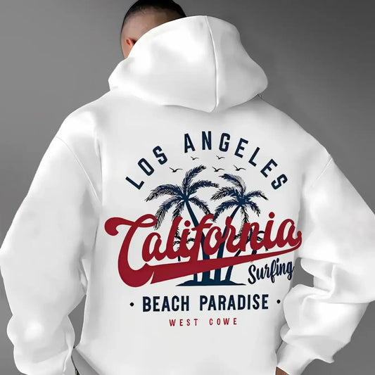 Oversized Men Hoodie Vintage Retro Los Angeles California Cursive Palm Tree Surf Graphic Soft Fleece Casual Sweatshirt
