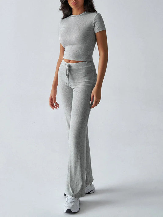 Women's Casual Lounge Set - Short Sleeve Top & Pants Two Piece, Home Wear Yoga Outfit