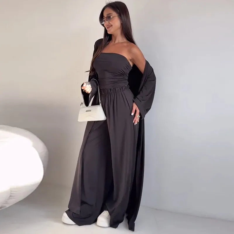 Women 3 Piece Lounge Set Tube Crop Top Long Cardigan High Waist Wide Leg Pants Casual Vacation Outfit Summer Set