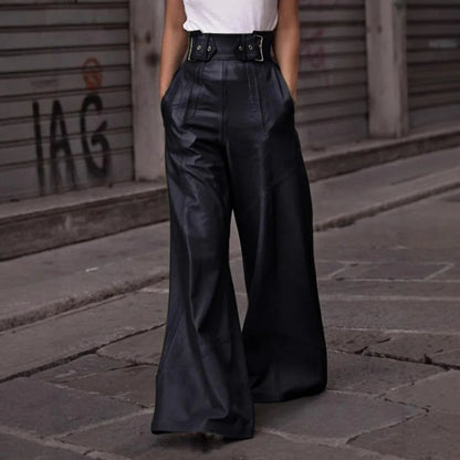 Flared Leg Pants For Women High-waist Bell Bottoms Faux Leather Trousers Elegant High Waist Pockets Casual Bottoms For Work