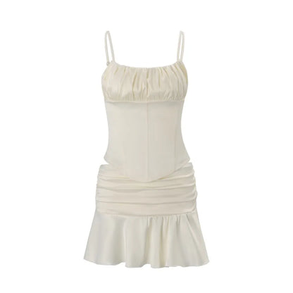 Elegant Women's Matching Sets Two Piece Outfits 2 Pieces Set For Woman French Slim Top Skirts Ruffles Solid Color Straps Pleated