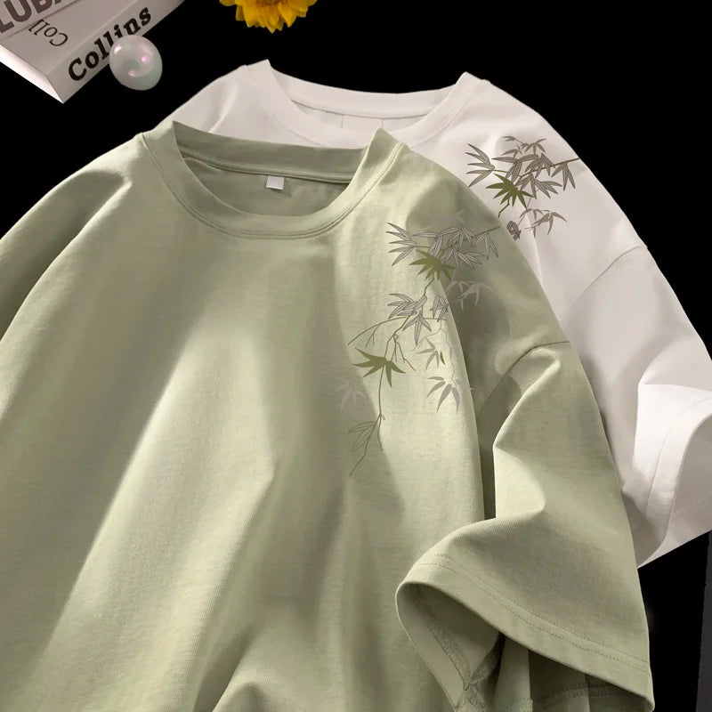 Men's Oversized T-shirts White Cotton T Shirt 5XL for Men Casual Summer Wear Fashion Leaf Print Tee Shirts Men Clothing