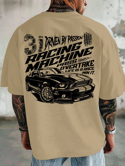 Men Oversized T-Shirt Mustang Racing Car Back Print Tee Racing Machine Streetwear Unisex Pink Summer Short Sleeve Top
