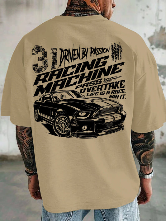 Men Oversized T-Shirt Mustang Racing Car Back Print Tee Racing Machine Streetwear Unisex Pink Summer Short Sleeve Top