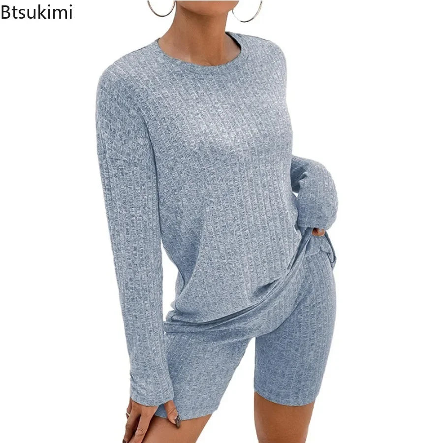 2026 Women's Casual Pajamas Lounge Sets Ribbed Knit Matching Outfits Long Sleeve Biker Shorts Set Sleepwear Loungewear for Women