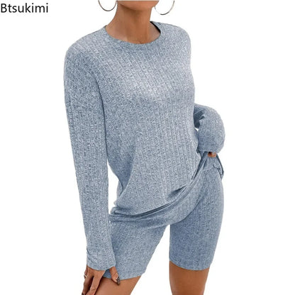 2026 Women's Casual Pajamas Lounge Sets Ribbed Knit Matching Outfits Long Sleeve Biker Shorts Set Sleepwear Loungewear for Women