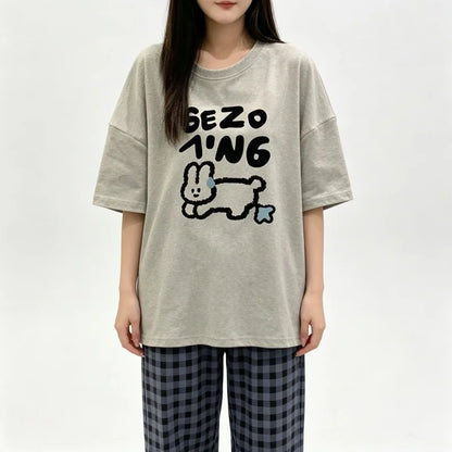 Women Print Loungewear Set, Short Sleeve Graphic T-Shirt and Plaid Wide Leg Pants, Casual Home Wear