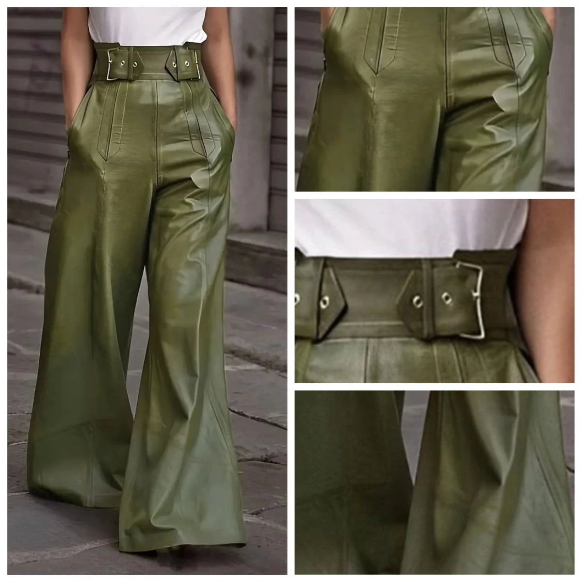 Flared Leg Pants For Women High-waist Bell Bottoms Faux Leather Trousers Elegant High Waist Pockets Casual Bottoms For Work