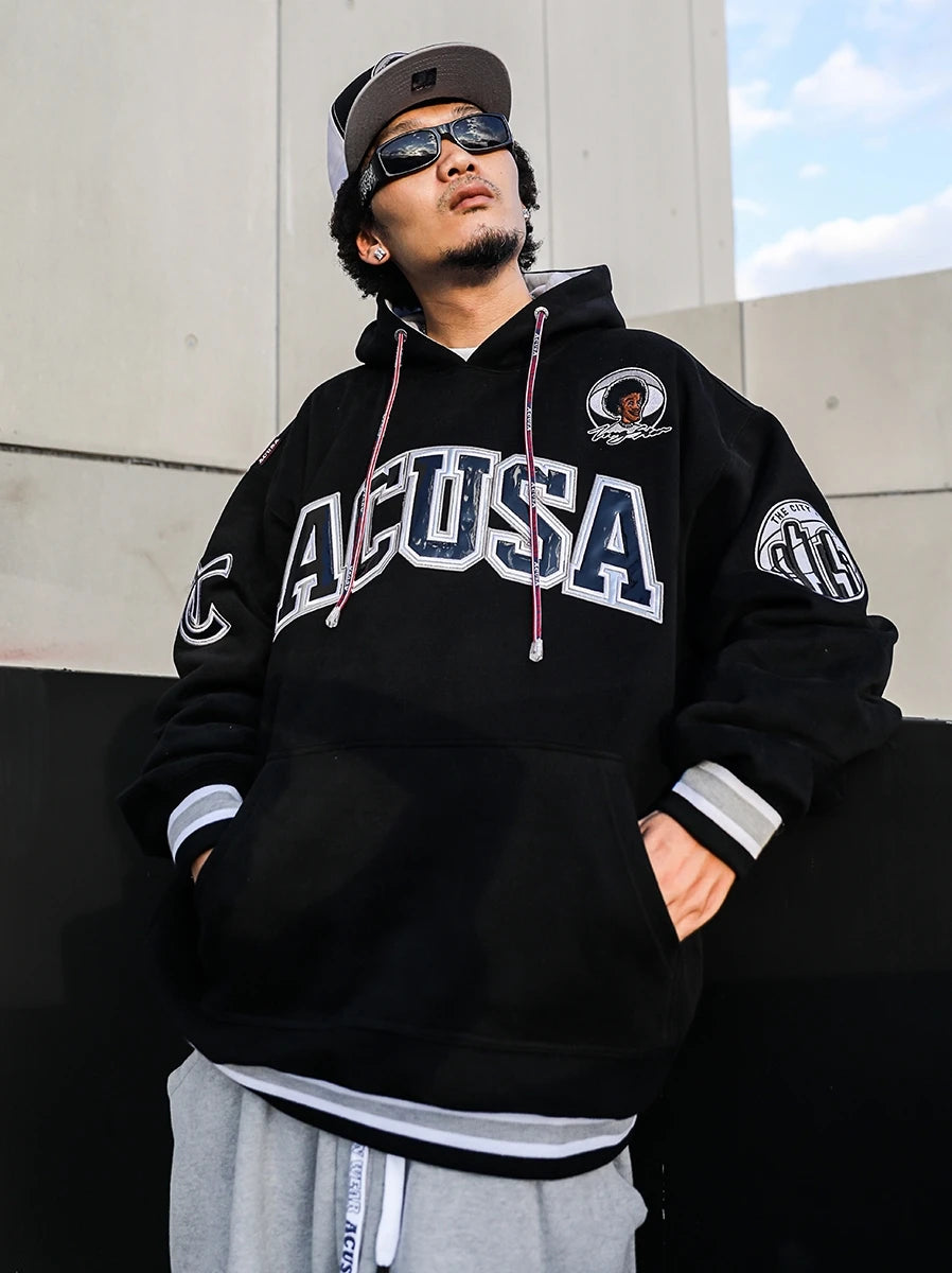 ACUSA Fleece Lined Hoodie Hip Hop Sweatshirt Embroidered Oversized Style Multicolor Men's Casual Wear for Autumn And Winter