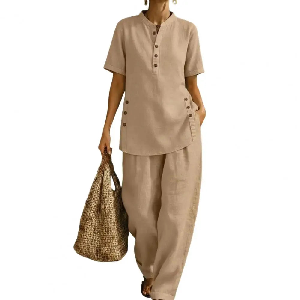 Women's 2 Piece Linen Sets Loose Fit Summer Clothes Short Sleeve Matching Outfits, Summer Casual Lounge Sets with Pockets