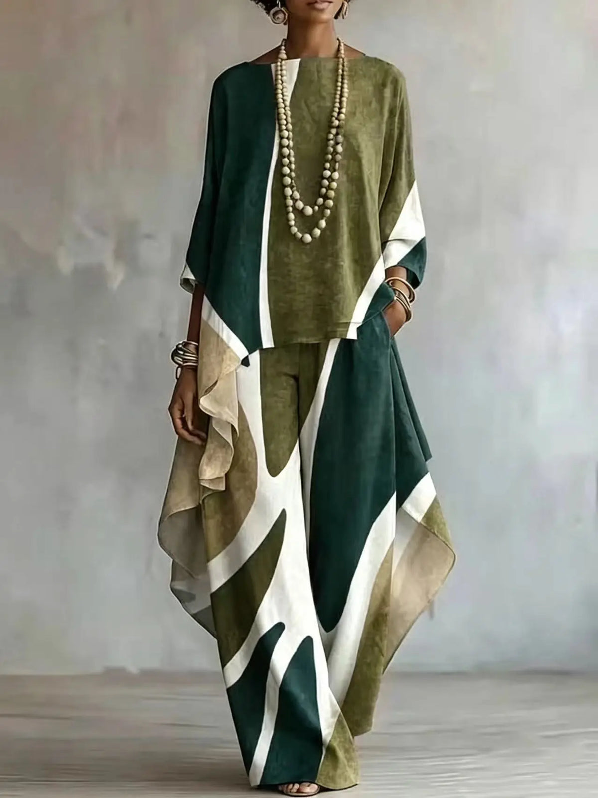 Women 2 Piece Outfit Set Print Top & Wide Leg Pants Loose Casual Ladies Boho Matching Suit Autumn Fashion Elegant Sets New