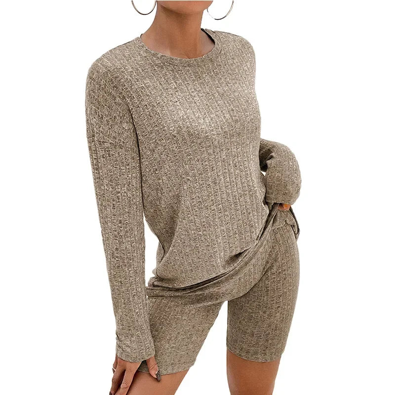 2026 Women's Casual Pajamas Lounge Sets Ribbed Knit Matching Outfits Long Sleeve Biker Shorts Set Sleepwear Loungewear for Women