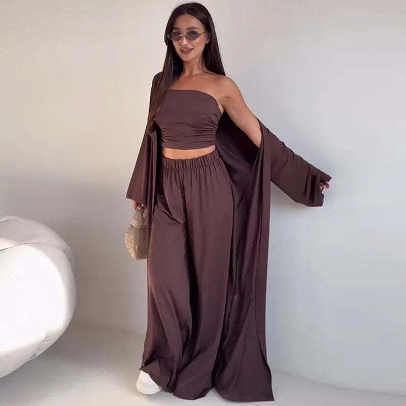 Women 3 Piece Lounge Set Tube Crop Top Long Cardigan High Waist Wide Leg Pants Casual Vacation Outfit Summer Set