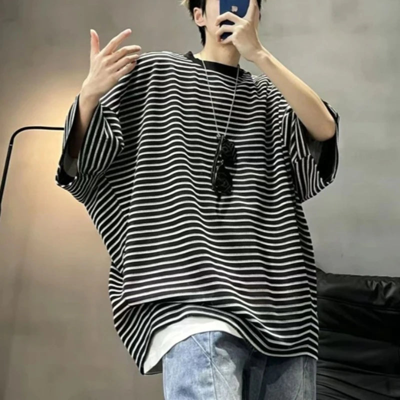 Oversized Striped T-shirt Men Summer Loose Casual Wind Breathable Half Sleeves Tee Tops Man Korean Fashion Streetwear Shirts Men