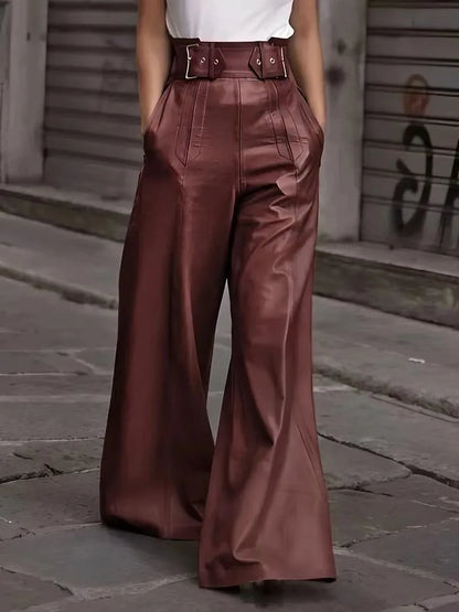 Flared Leg Pants For Women High-waist Bell Bottoms Faux Leather Trousers Elegant High Waist Pockets Casual Bottoms For Work