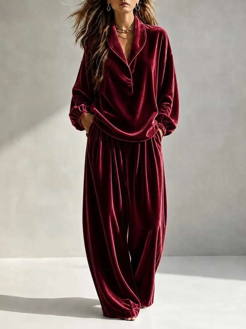 MsChuh Women's Matching Sets Velvet Lapel Two Piece Outfit Long Sleeve Top Wide Leg Pants Ropa Mujer Casual Daily Lounge Outfits