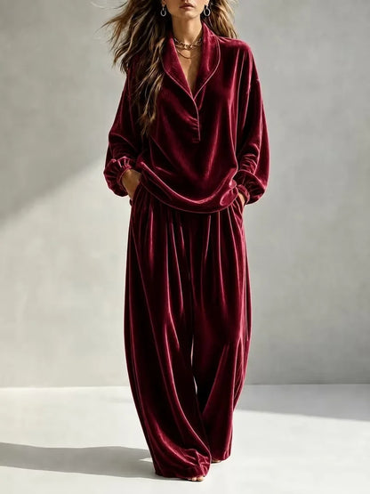 MsChuh Women's Matching Sets Velvet Lapel Two Piece Outfit Long Sleeve Top Wide Leg Pants Ropa Mujer Casual Daily Lounge Outfits