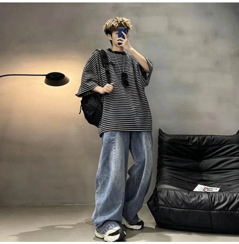 Oversized Striped T-shirt Men Summer Loose Casual Wind Breathable Half Sleeves Tee Tops Man Korean Fashion Streetwear Shirts Men