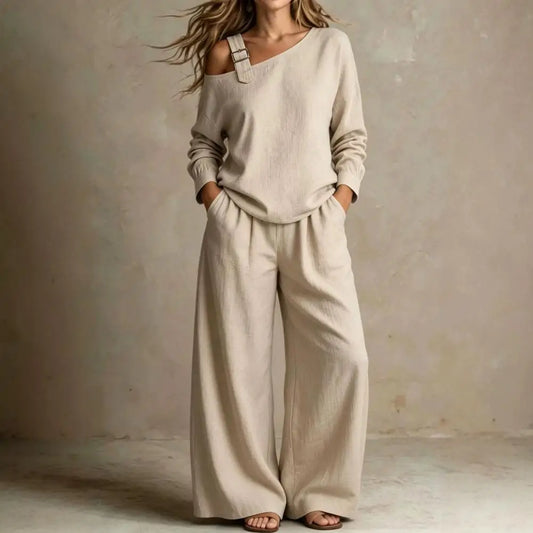 Women Two Piece Matching Set for Fall Off-Shoulder Long Sleeve Top & High Waisted Wide Leg Pants Loose Shirt Trouser Lounge Set