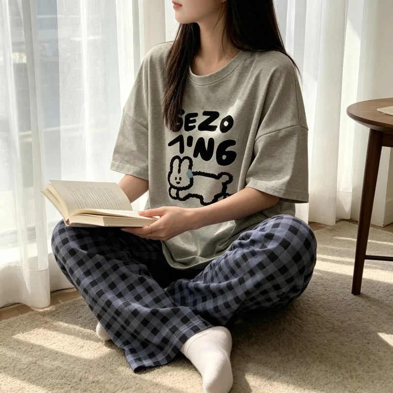 Women Print Loungewear Set, Short Sleeve Graphic T-Shirt and Plaid Wide Leg Pants, Casual Home Wear