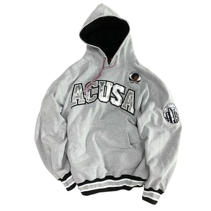 ACUSA Fleece Lined Hoodie Hip Hop Sweatshirt Embroidered Oversized Style Multicolor Men's Casual Wear for Autumn And Winter