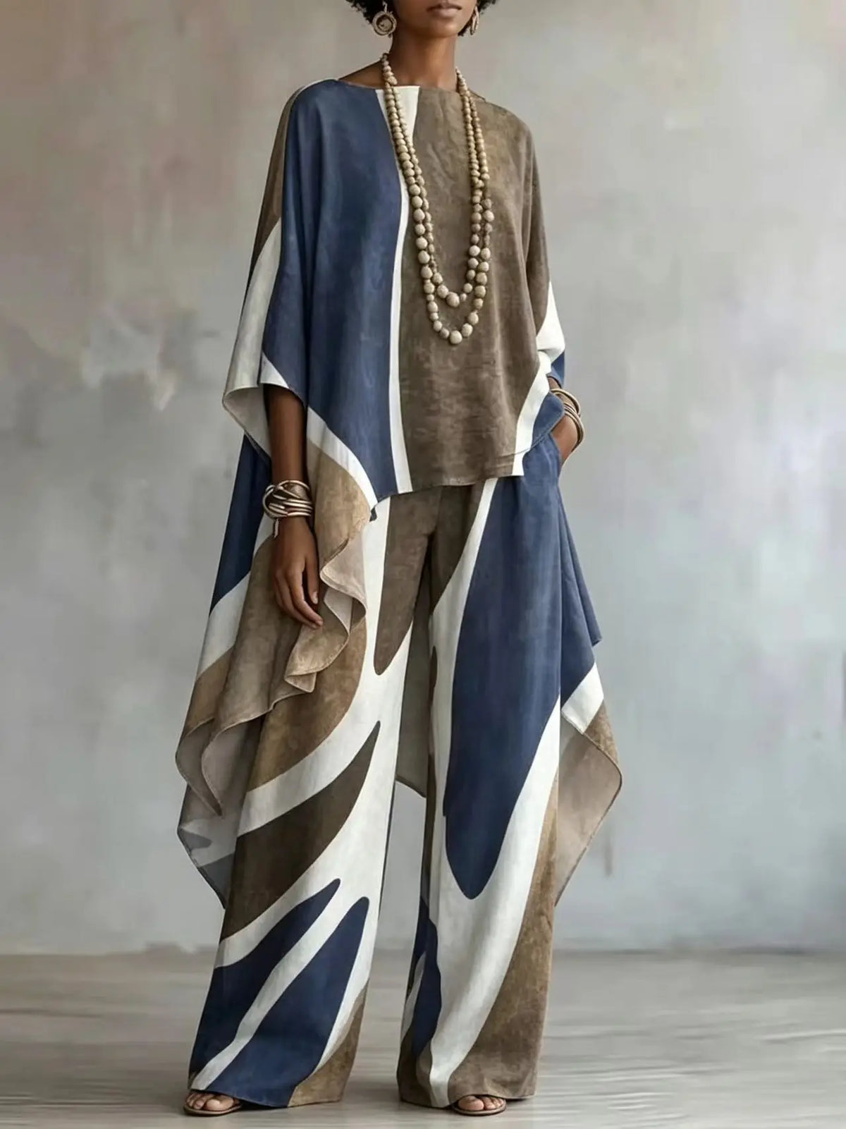 Women 2 Piece Outfit Set Print Top & Wide Leg Pants Loose Casual Ladies Boho Matching Suit Autumn Fashion Elegant Sets New