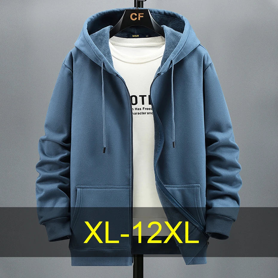 Fleece Hoodies Men 10XL 12XL Plus Size Solid Color Zippered Hoodie Jacket Big Size 12XL Fashion Casual Hoodies Blue Black Grey