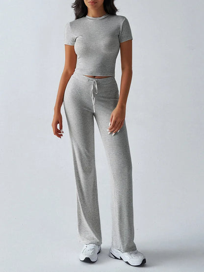 Women's Casual Lounge Set - Short Sleeve Top & Pants Two Piece, Home Wear Yoga Outfit