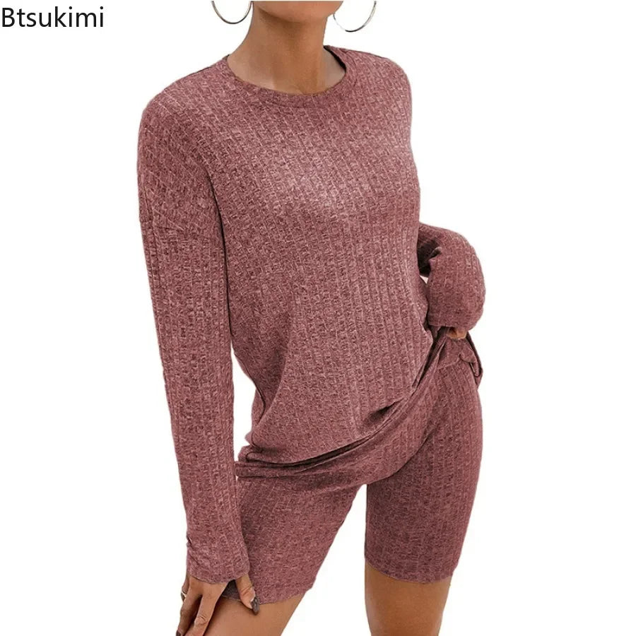2026 Women's Casual Pajamas Lounge Sets Ribbed Knit Matching Outfits Long Sleeve Biker Shorts Set Sleepwear Loungewear for Women