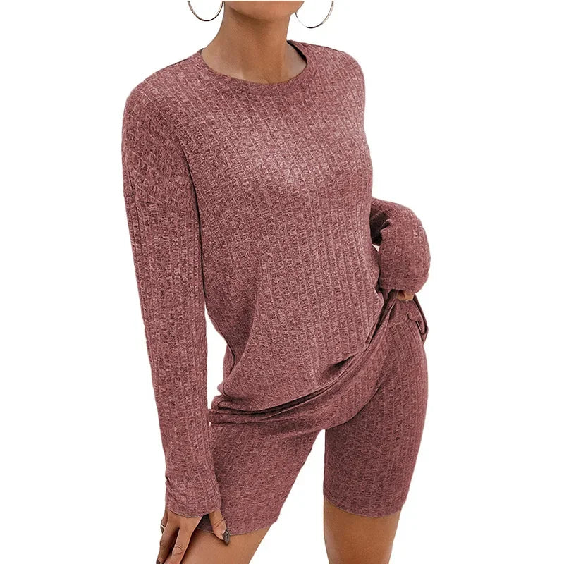 2026 Women's Casual Pajamas Lounge Sets Ribbed Knit Matching Outfits Long Sleeve Biker Shorts Set Sleepwear Loungewear for Women