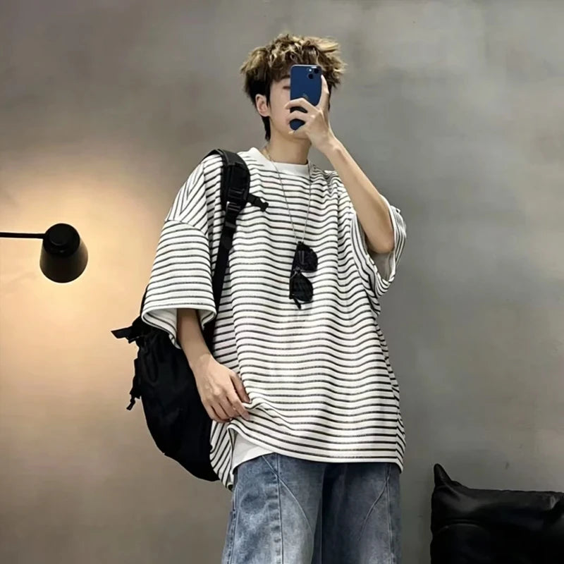 Oversized Striped T-shirt Men Summer Loose Casual Wind Breathable Half Sleeves Tee Tops Man Korean Fashion Streetwear Shirts Men