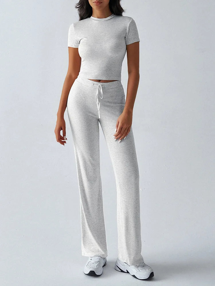 Women's Casual Lounge Set - Short Sleeve Top & Pants Two Piece, Home Wear Yoga Outfit