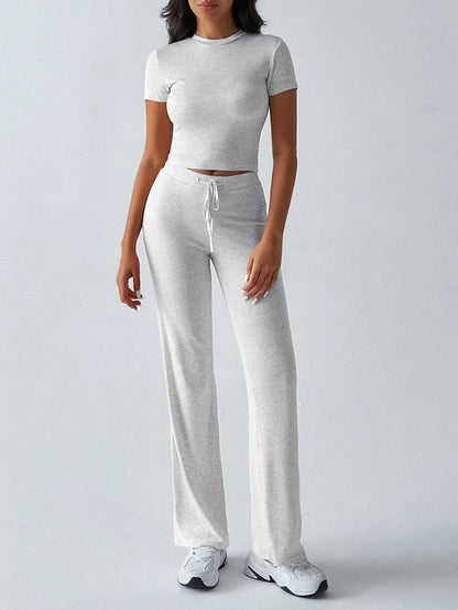 Women's Casual Lounge Set - Short Sleeve Top & Pants Two Piece, Home Wear Yoga Outfit