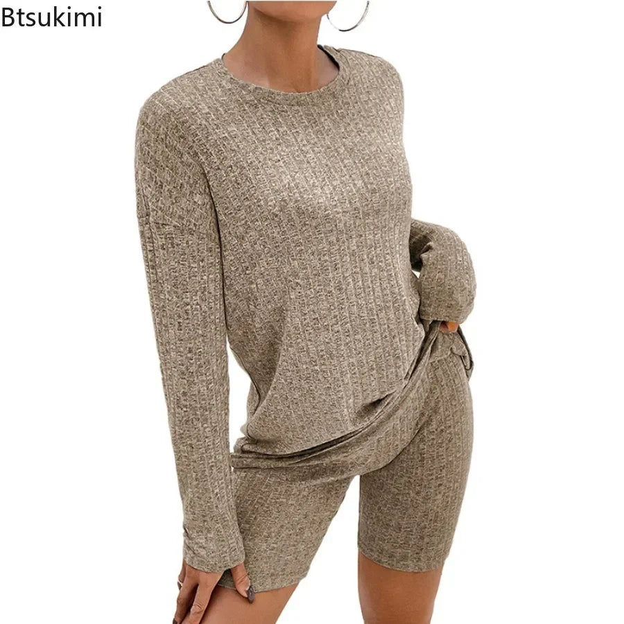 2026 Women's Casual Pajamas Lounge Sets Ribbed Knit Matching Outfits Long Sleeve Biker Shorts Set Sleepwear Loungewear for Women