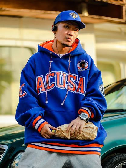 ACUSA Fleece Lined Hoodie Hip Hop Sweatshirt Embroidered Oversized Style Multicolor Men's Casual Wear for Autumn And Winter