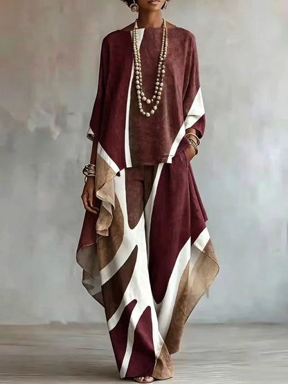 Women 2 Piece Outfit Set Print Top & Wide Leg Pants Loose Casual Ladies Boho Matching Suit Autumn Fashion Elegant Sets New
