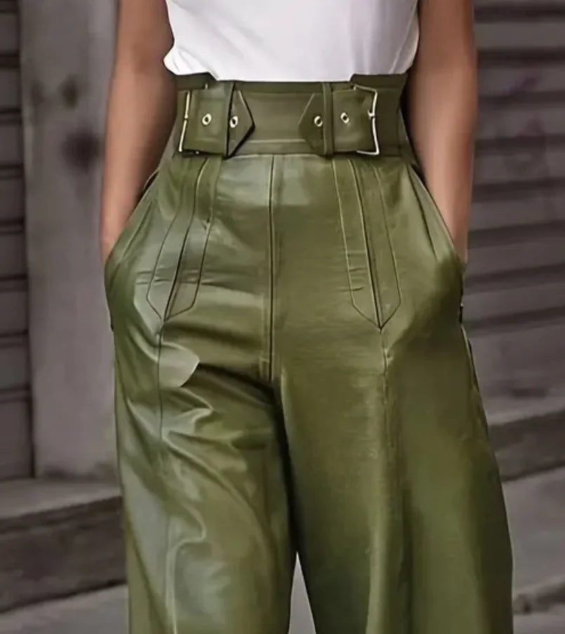 Flared Leg Pants For Women High-waist Bell Bottoms Faux Leather Trousers Elegant High Waist Pockets Casual Bottoms For Work